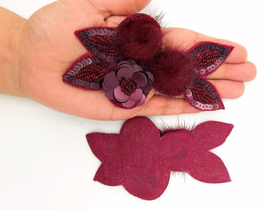 Wine Red Hand Embroidered Floral Applique, Beaded and Sequins Applique